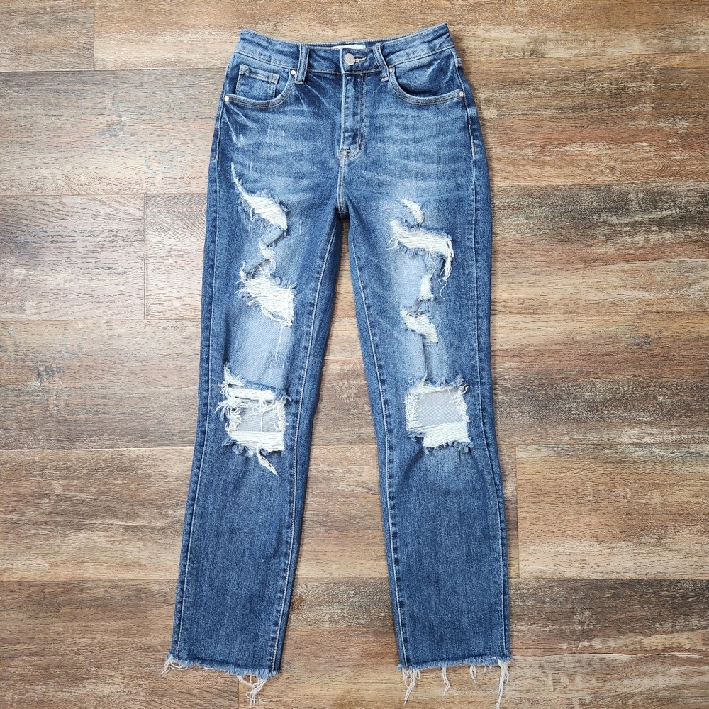 Classic Women's Straight Leg Distressed Jeans - Blue